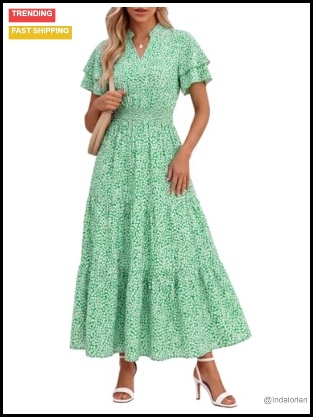 Floral Boho Maxi Dress Women Summer Ruffle Short Sleeve Smocked Waist Pockets